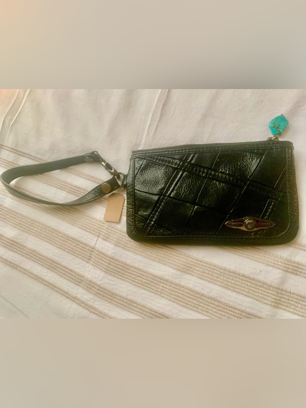 Elliott Lucca Exquisite Black Leather  Wristlet Purse w/ Turquoise Zipper Pull